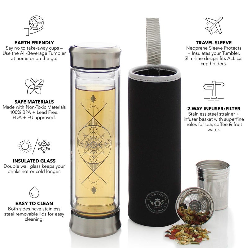 Teabloom All-Beverage Infusion Bottle â€“ 14 oz / 400 ml â€“ Double Wall Insulated Glass Travel Flask â€“ Hot Tea & Cold Brew Coffee Thermos â€“ Removable Sleeve - Image 2
